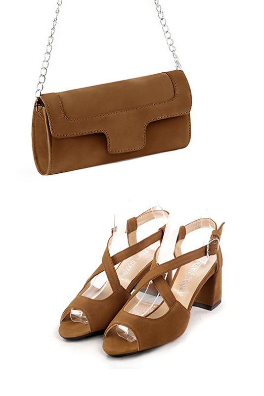 Dress clutch for wedding and parties in caramel brown leather - Worn view